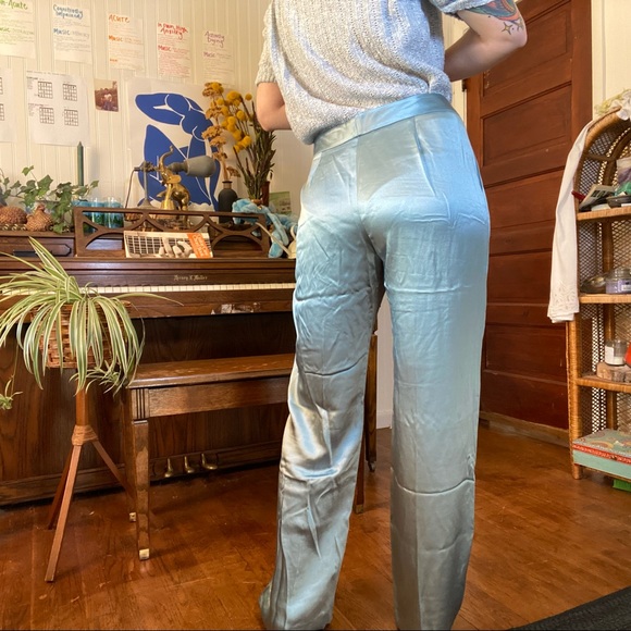 vintage silk baby blue pastel high waist trousers with pockets waist 32 x 32 - Picture 4 of 16